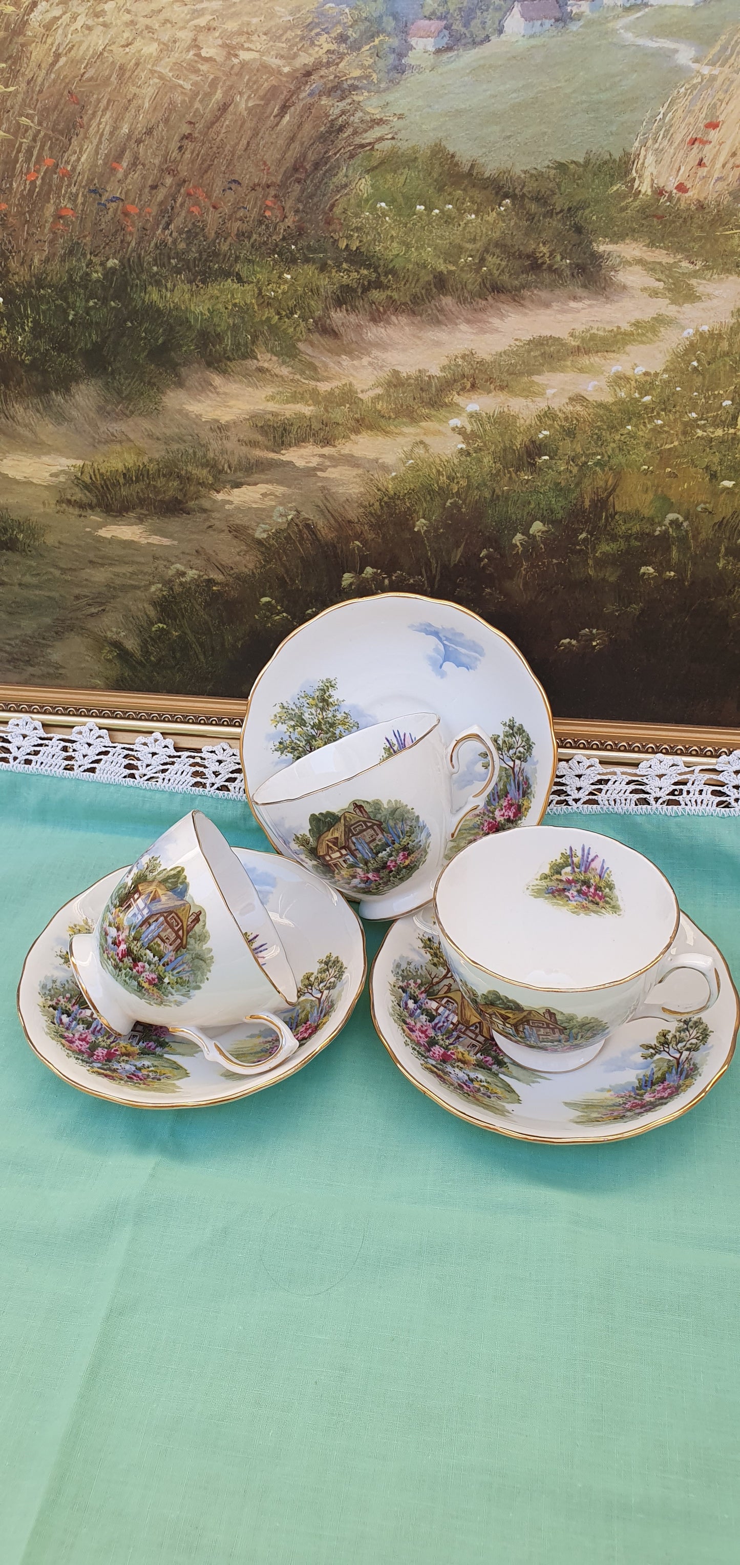 3 piece double set Royal Vale "Country Cottage" cups and plates (7382)