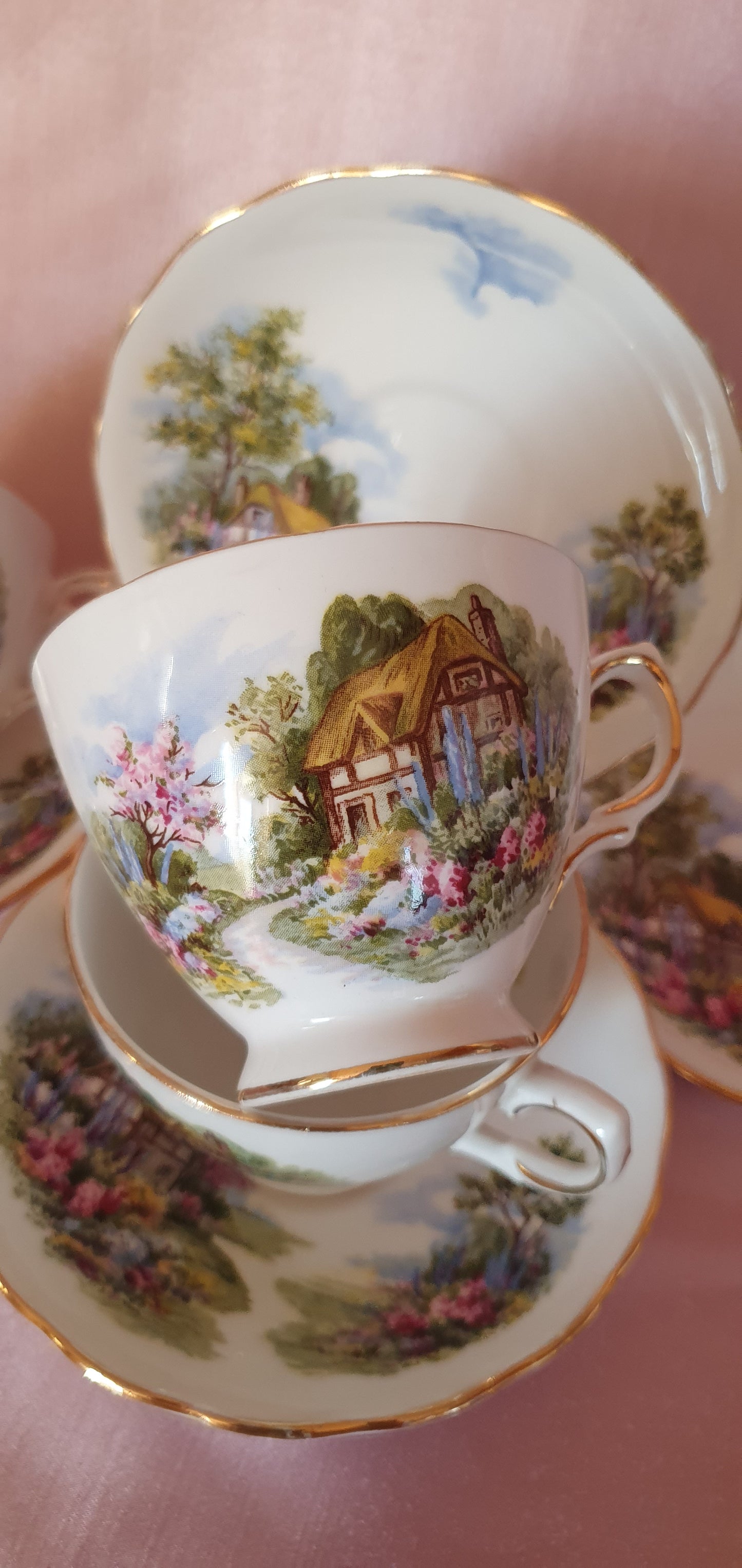 3 piece double set Royal Vale "Country Cottage" cups and plates (7382)