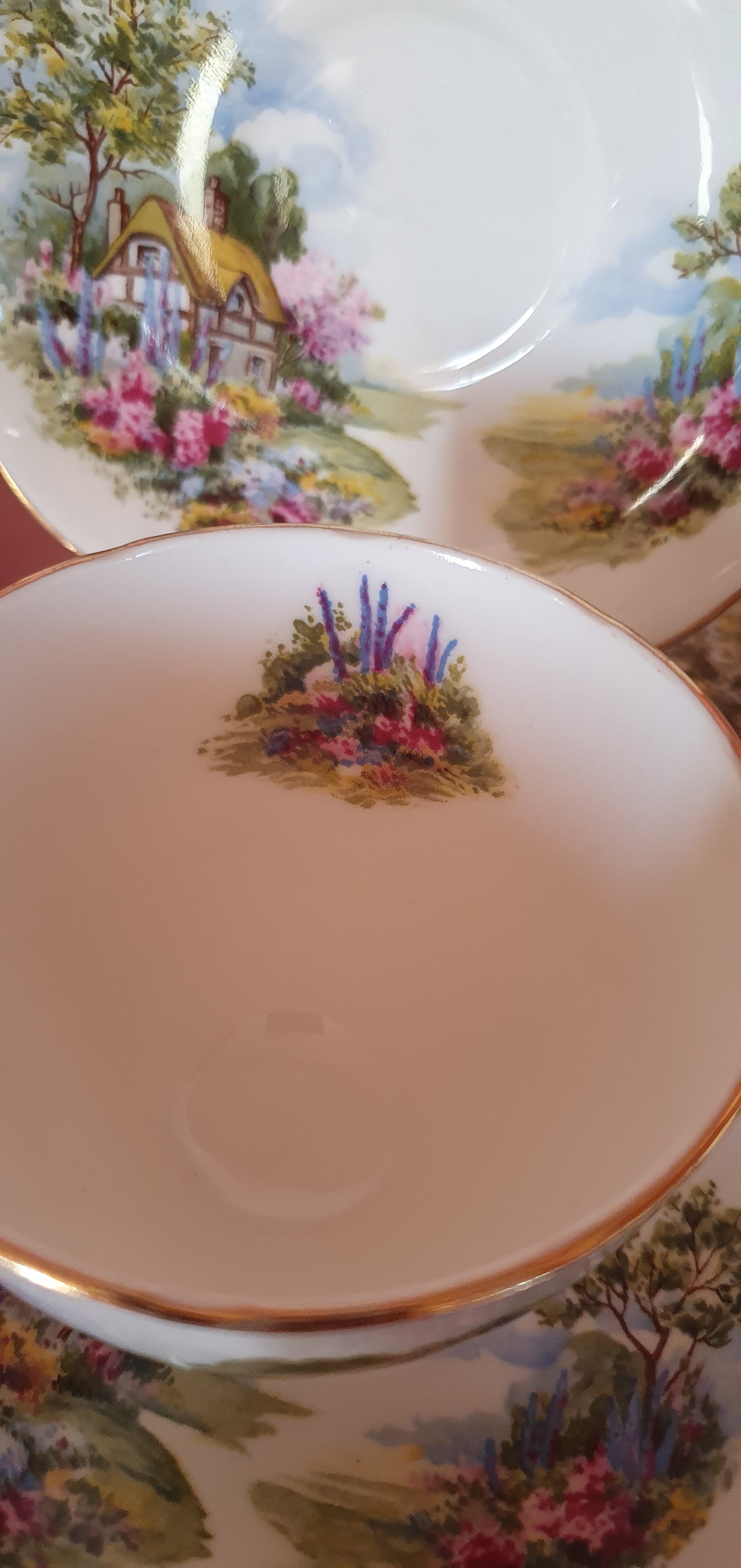3 piece double set Royal Vale "Country Cottage" cups and plates (7382)