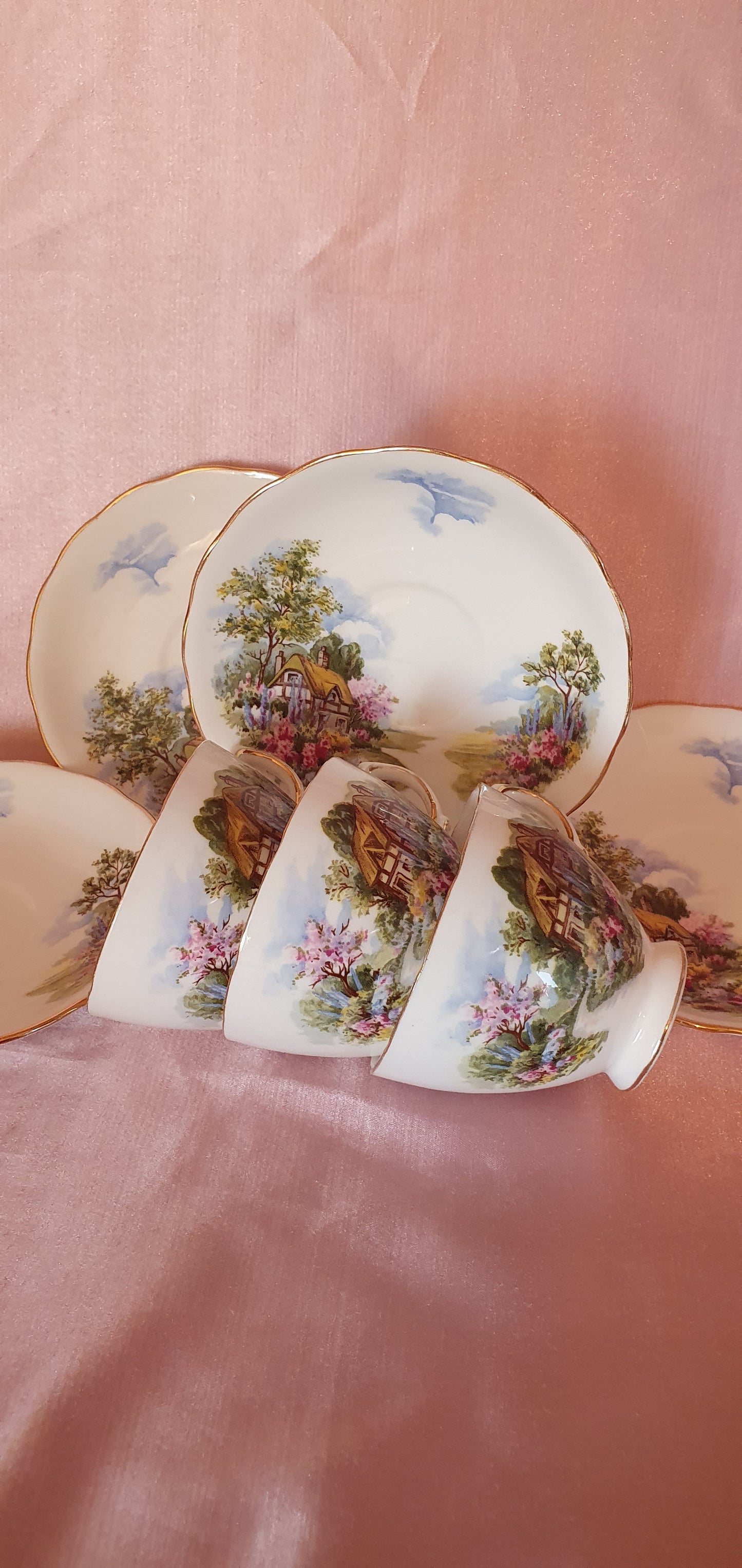 3 piece double set Royal Vale "Country Cottage" cups and plates (7382)