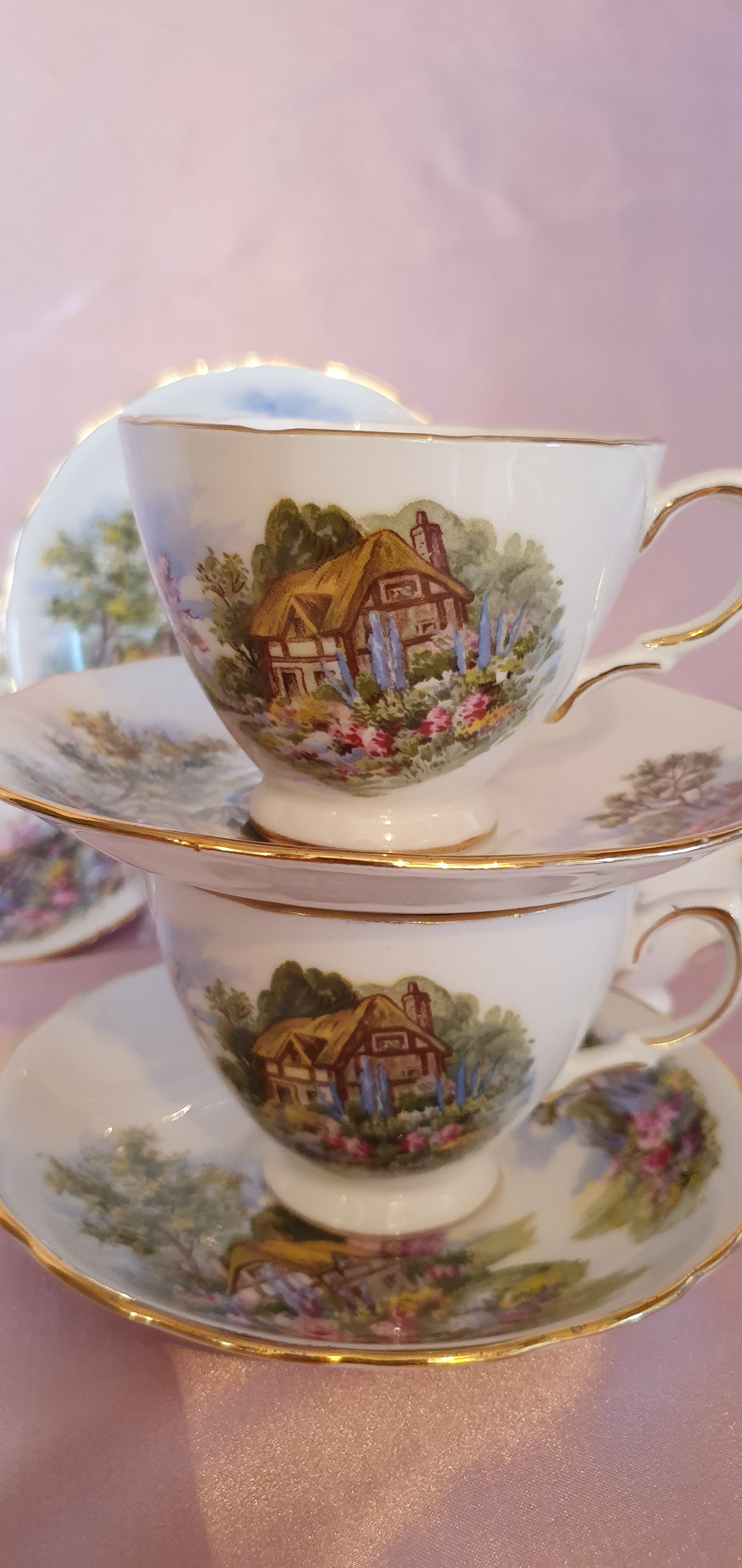 3 piece double set Royal Vale "Country Cottage" cups and plates (7382)