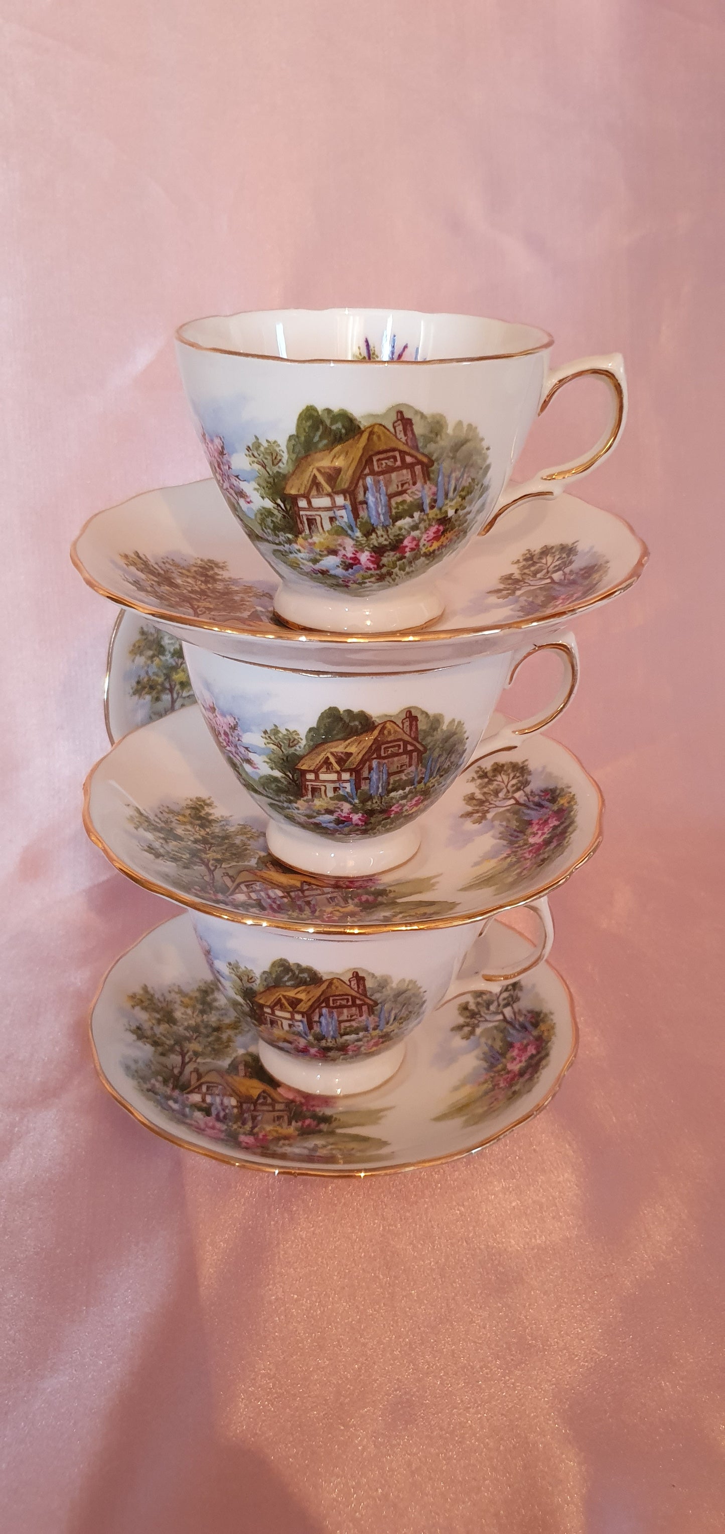 3 piece double set Royal Vale "Country Cottage" cups and plates (7382)