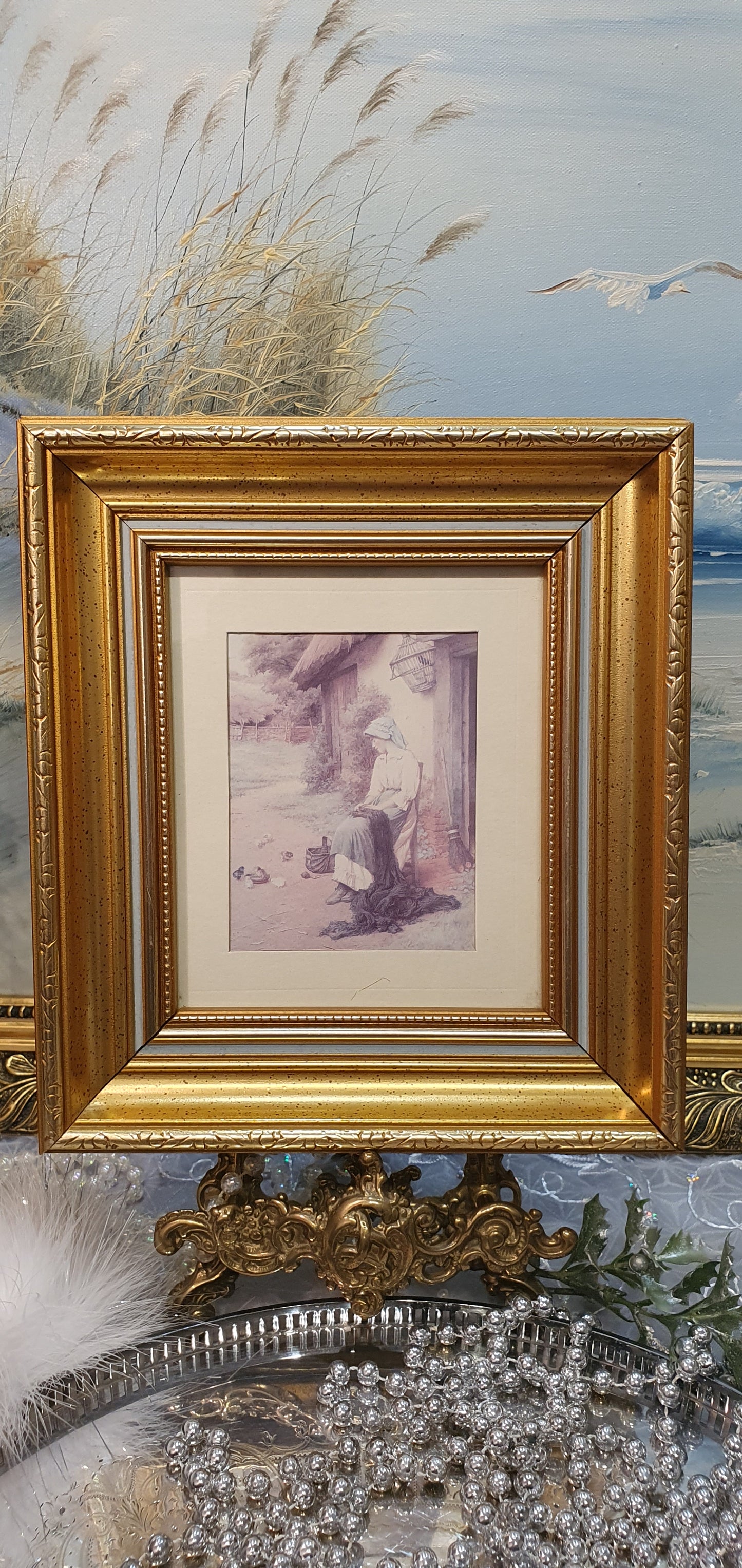 Vintage print - idyllic scene with a village girl