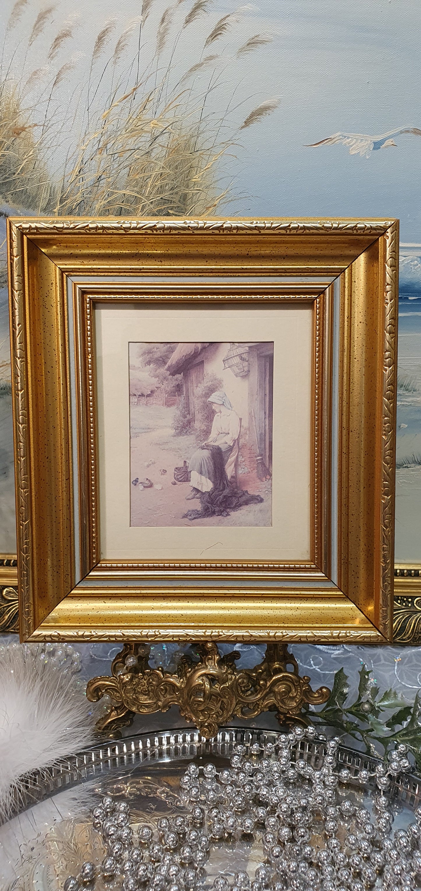 Vintage print - idyllic scene with a village girl