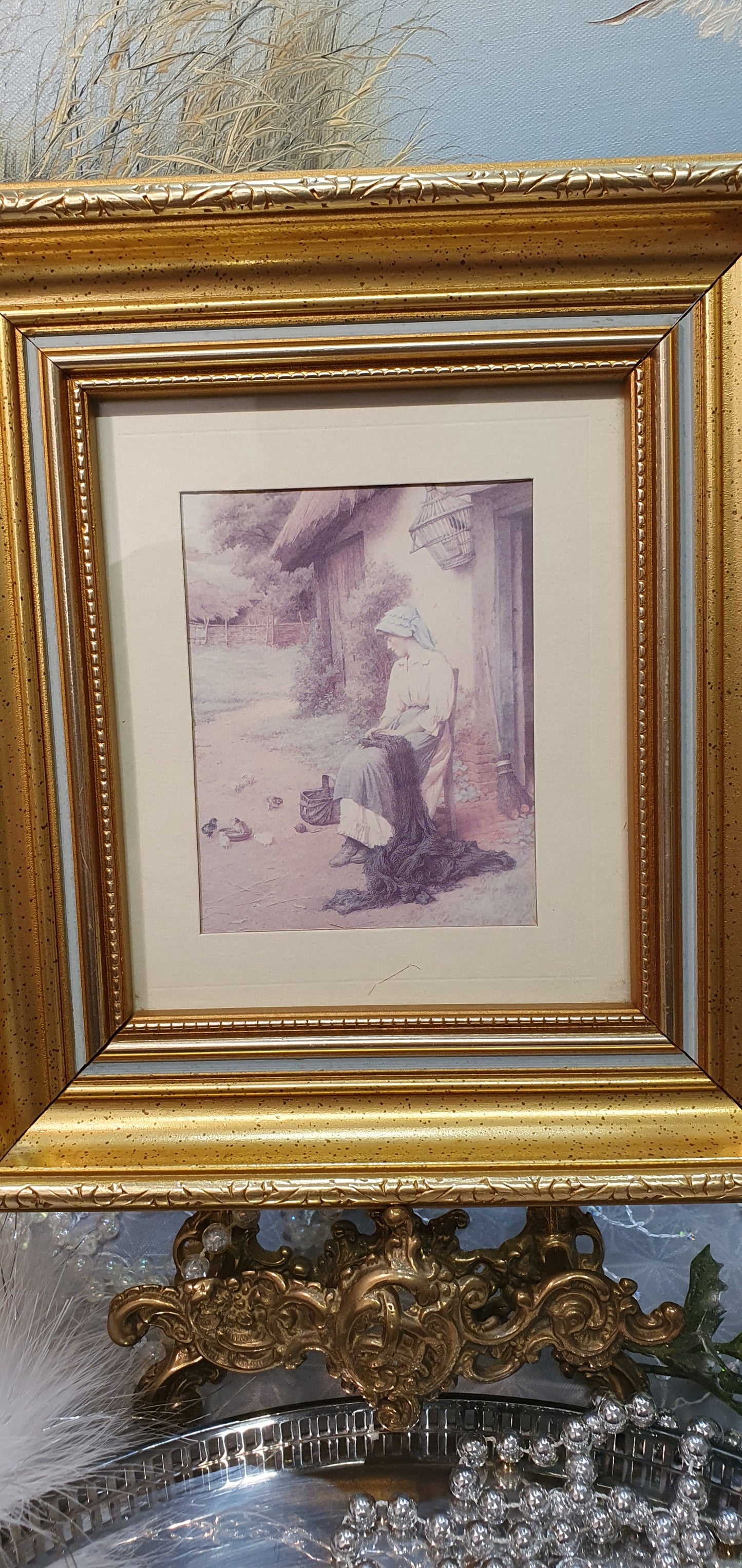 Vintage print - idyllic scene with a village girl