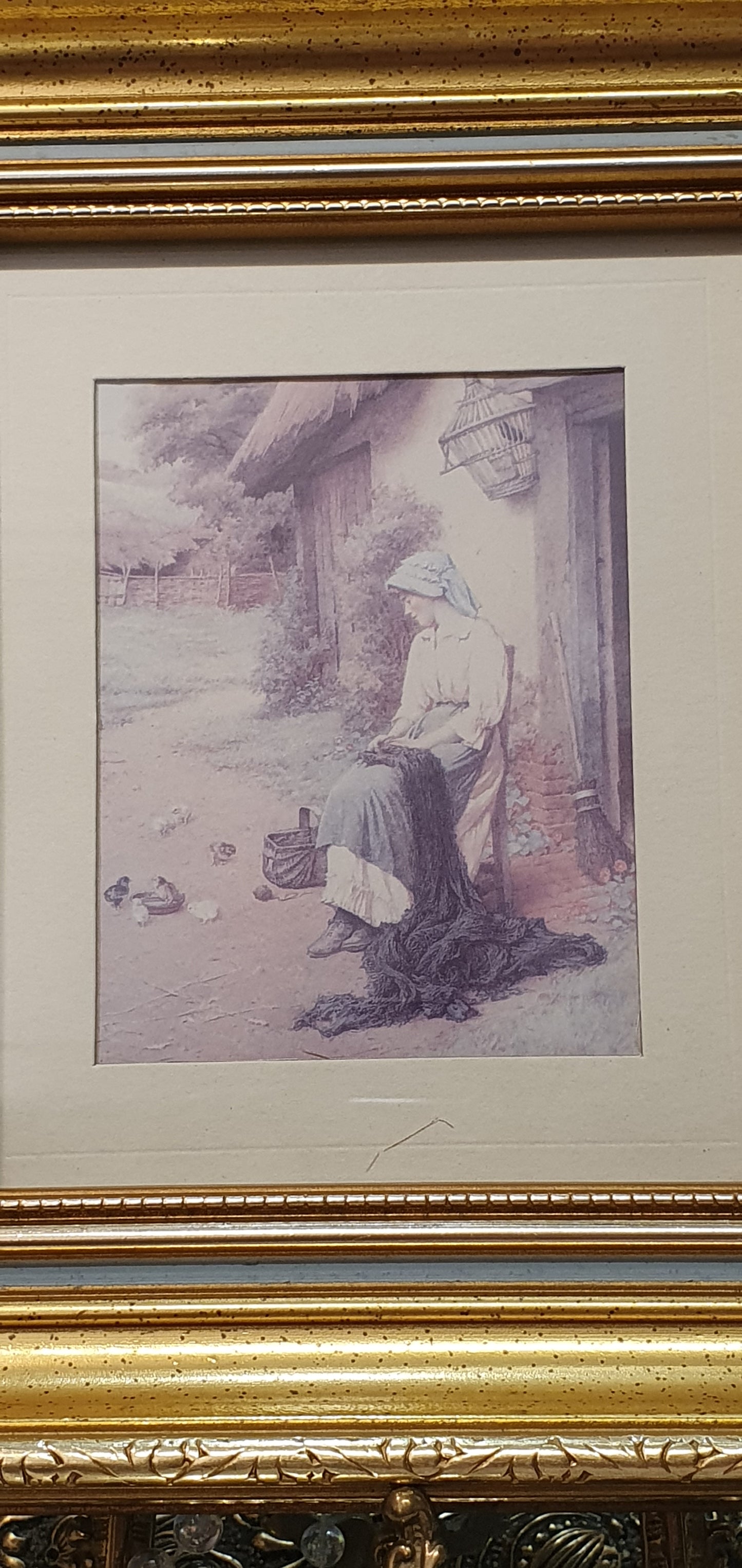 Vintage print - idyllic scene with a village girl