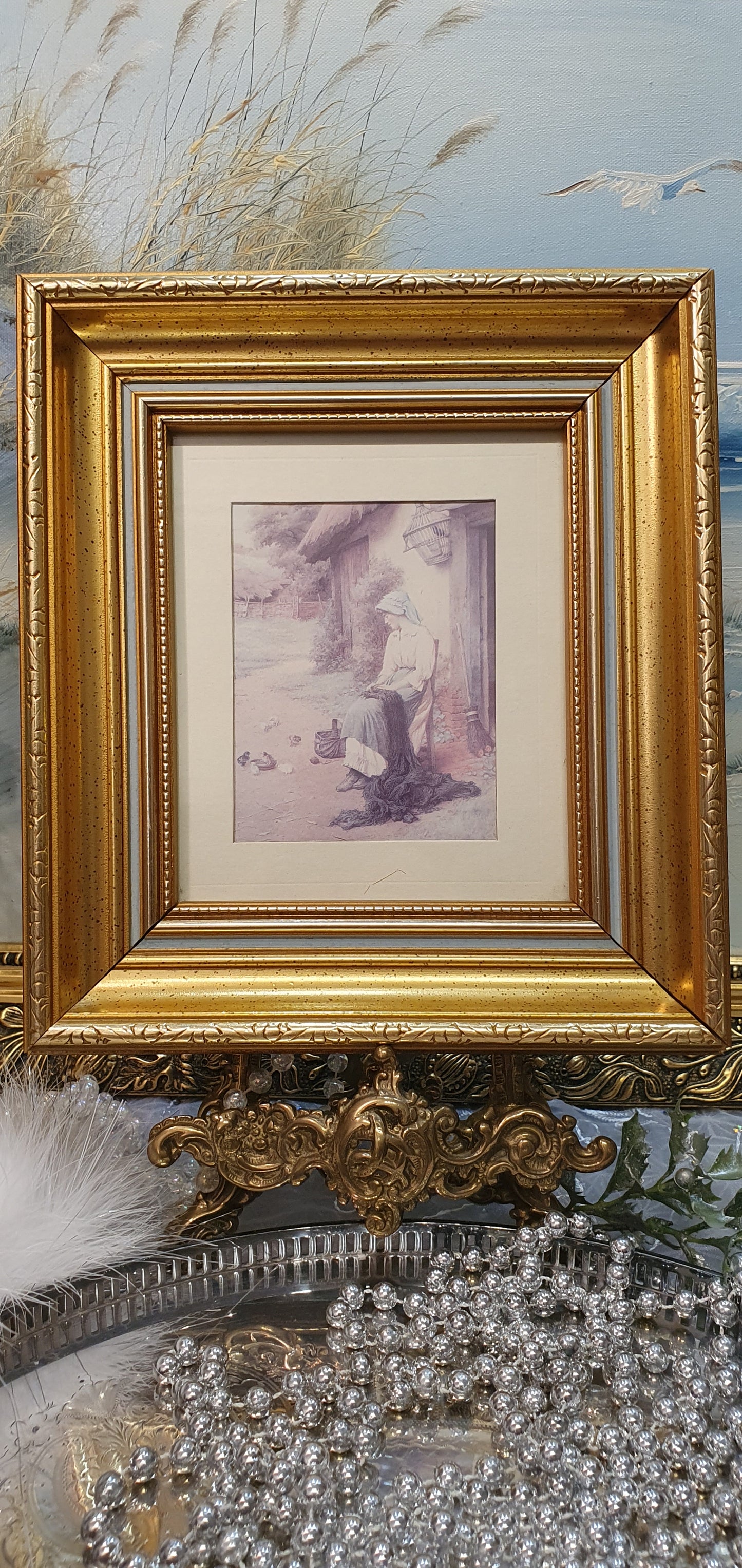 Vintage print - idyllic scene with a village girl