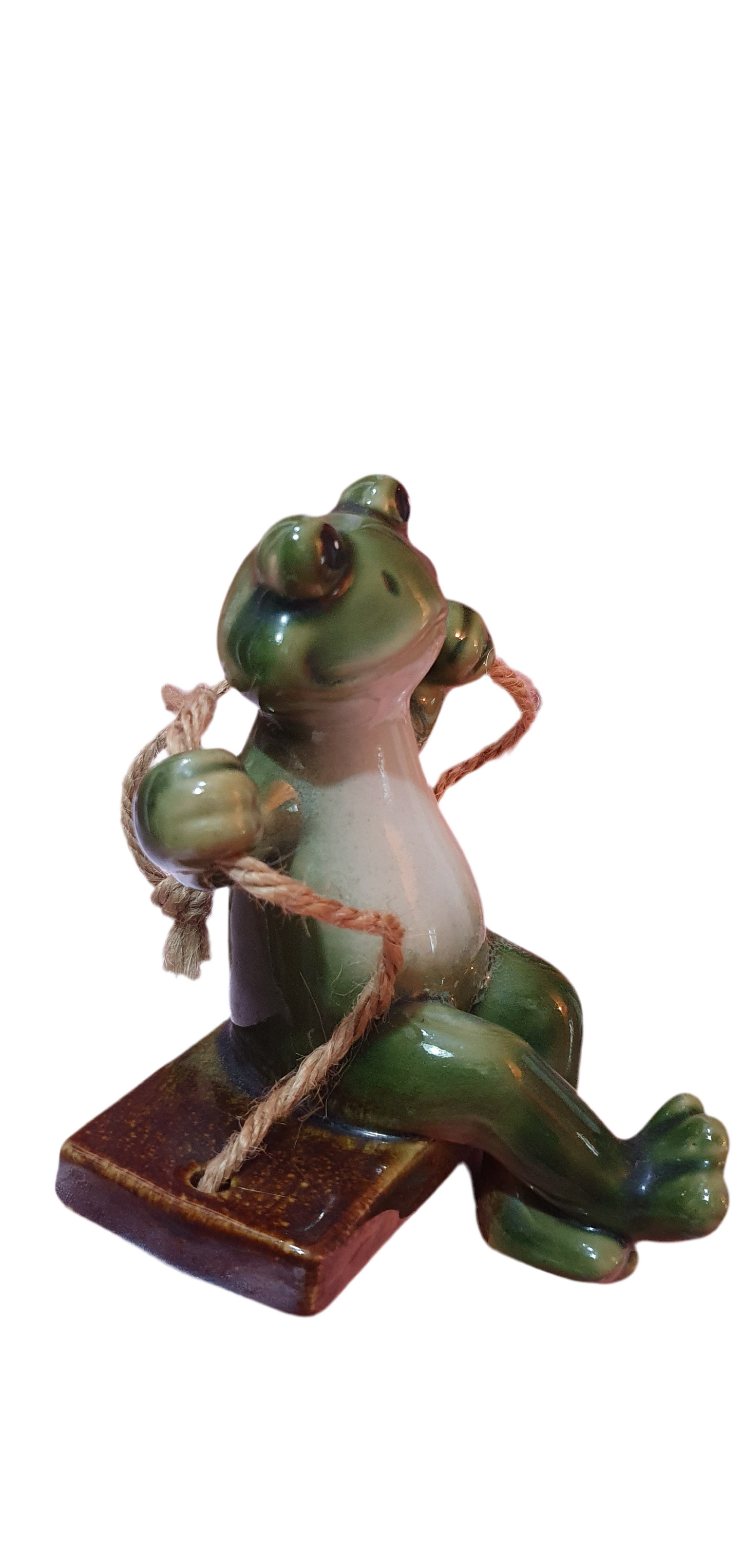 Cheerful ceramic frog on a swing