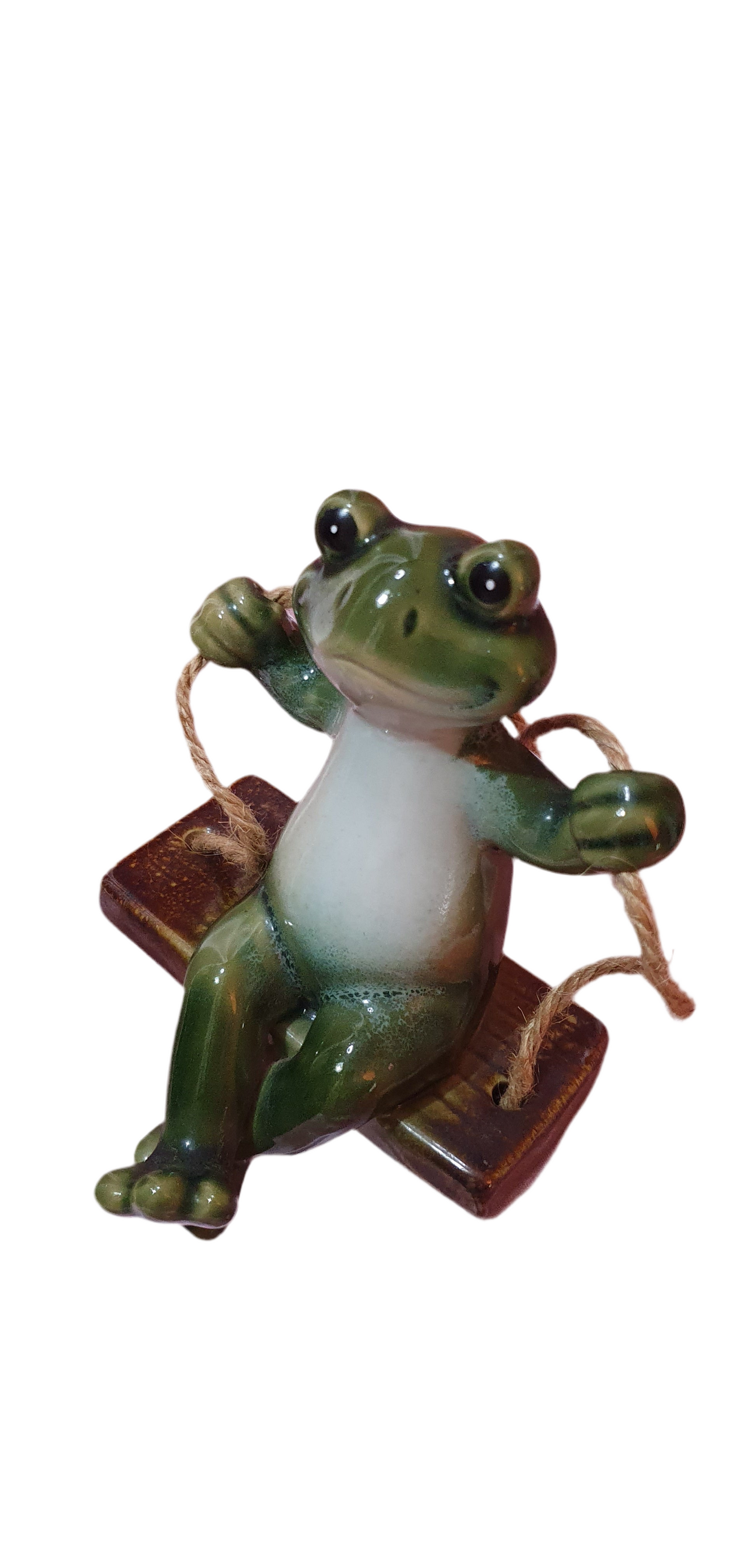 Cheerful ceramic frog on a swing